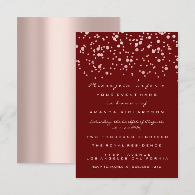 Glitter Confetti Rose Maroon  Bridal Sweet 16th Invitation (Front/Back)