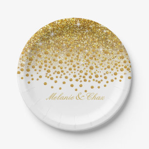 Glitter Confetti Shower gold white Paper Plate