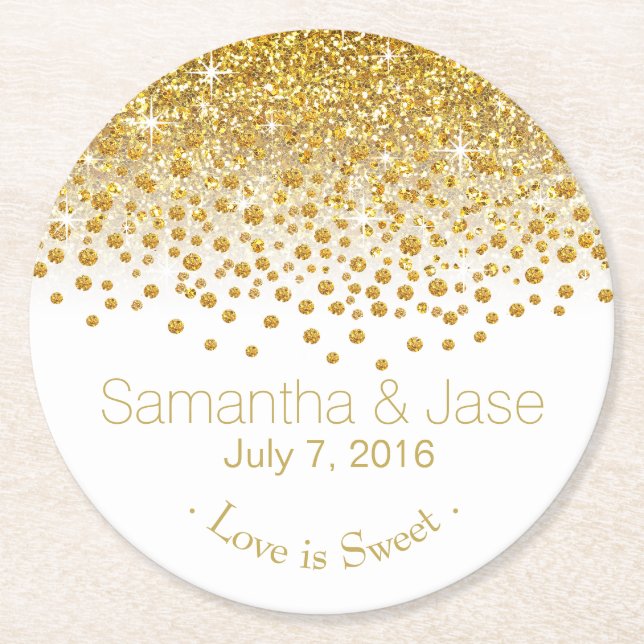 Glitter Confetti Shower Party | gold white Round Paper Coaster (Front)