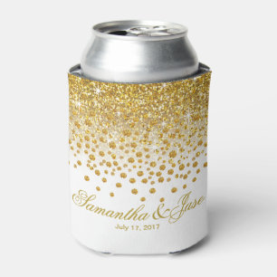 Glitter Confetti Shower Wedding   gold white Can Cooler