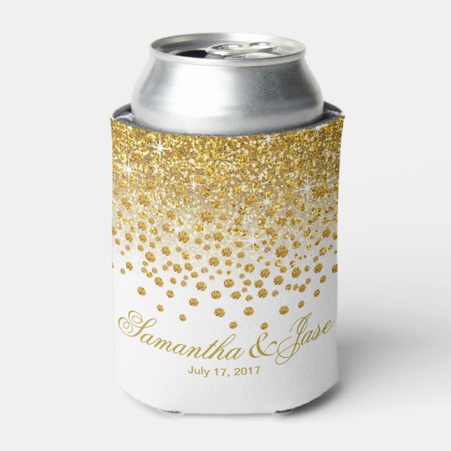 Glitter Confetti Shower Wedding | gold white Can Cooler (Can Front)
