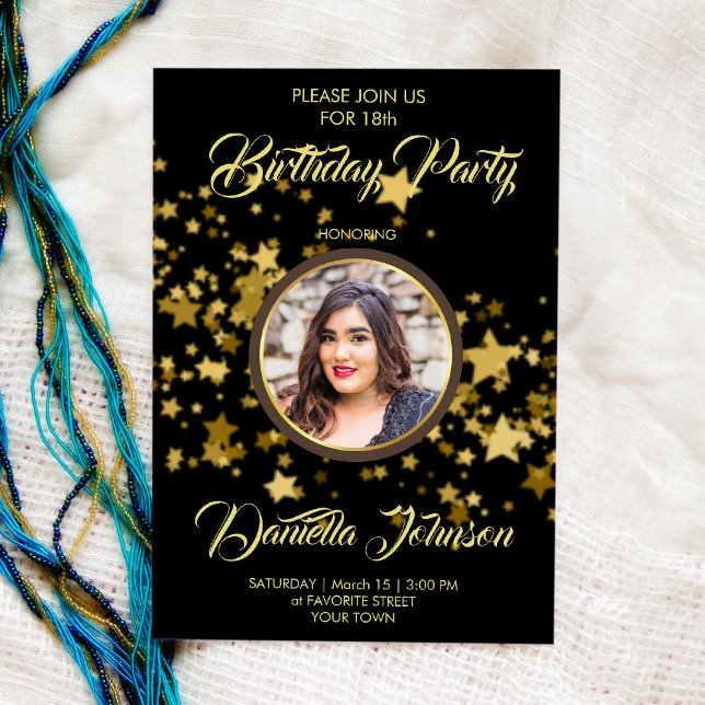 Glitter confetti stars custom photo birthday invitation (Creator Uploaded)