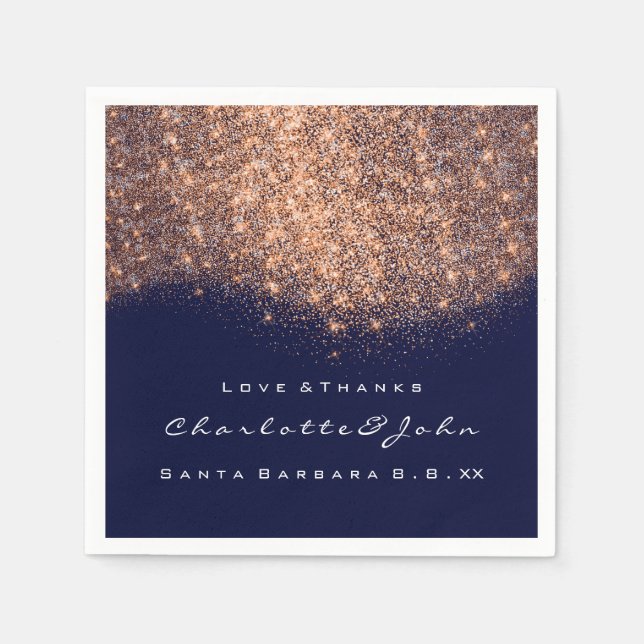 Glitter Copper Blue Navy White Thank You Name Napkin (Front)