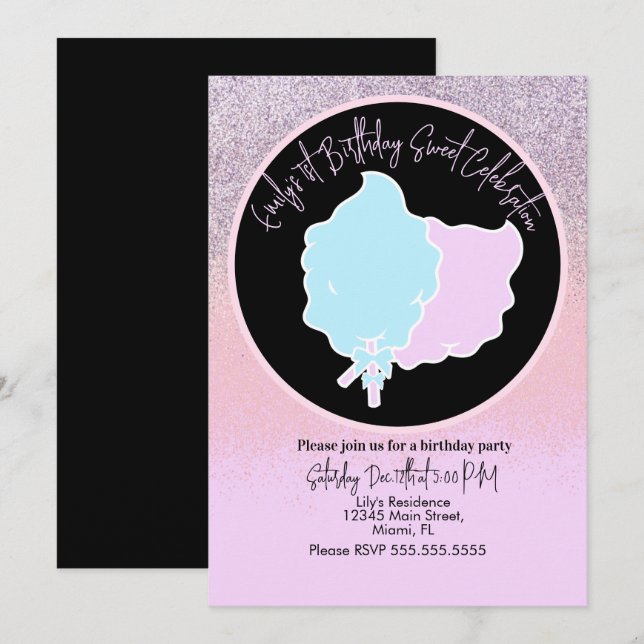  Glitter Cotton Candy Birthday Party Pink Blue Invitation (Front/Back)