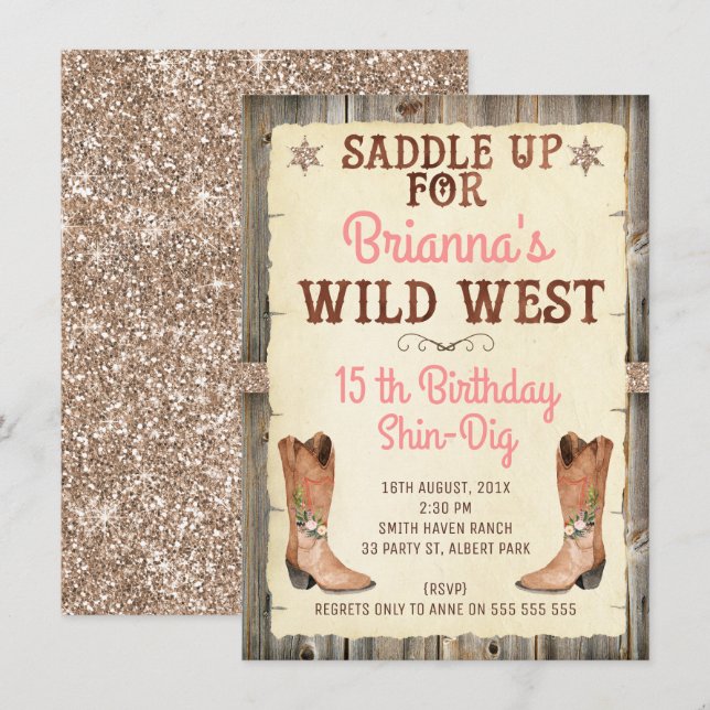 Glitter Cowgirl Wild West Birthday Invitation (Front/Back)