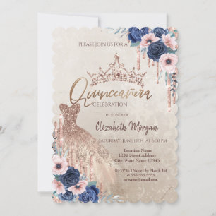 Glitter Crown Drips,Dress,Blue Roses Quinceañera   Invitation