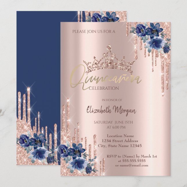  Glitter Crown Drop Blue Flowers Quinceañera   Invitation (Front/Back)