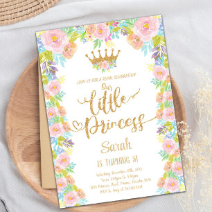 Glitter Crown Floral Princess Birthday Invitation