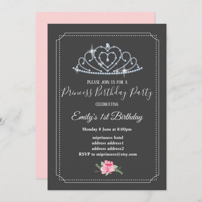 glitter crown, princess, princess girl birthday invitation (Front/Back)