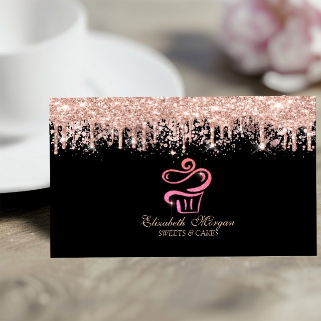 Glitter Cupcake Rose Gold Drips Bakery Black  Business Card (Creator Uploaded)