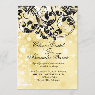 Glitter Curlicues on Faux Metallic Bokeh gold Invitation