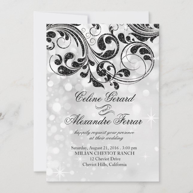 Glitter Curlicues on Faux Metallic Bokeh silver Invitation (Front)