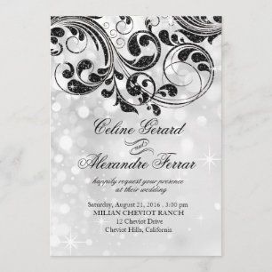 Glitter Curlicues on Faux Metallic Bokeh silver Invitation