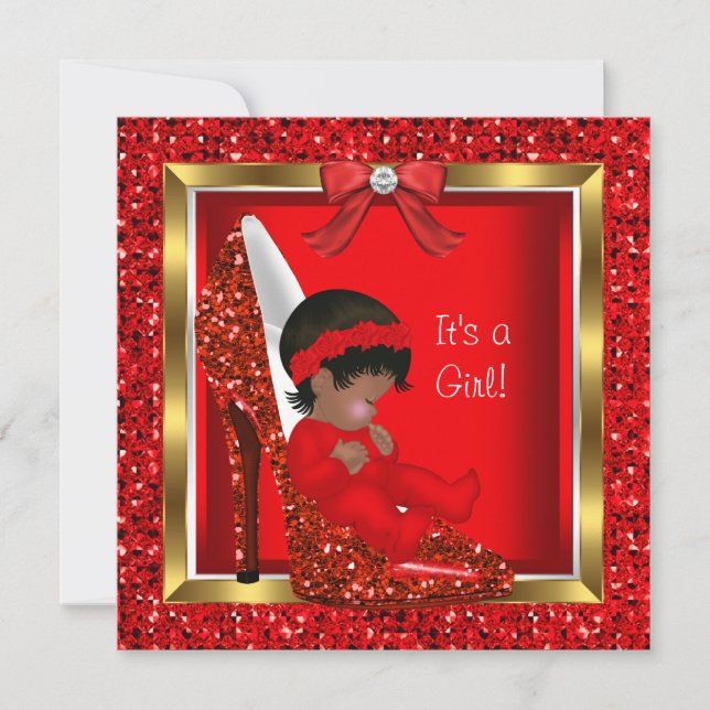 Glitter Cute Baby in Shoe Baby Shower Girl Red Invitation (Front)