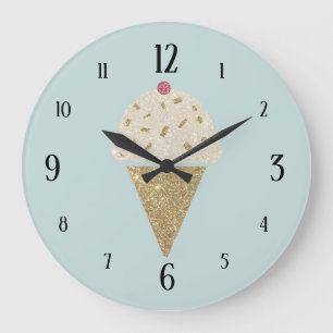 Glitter Cute Ice Cream Cone on Pale Blue Large Clock