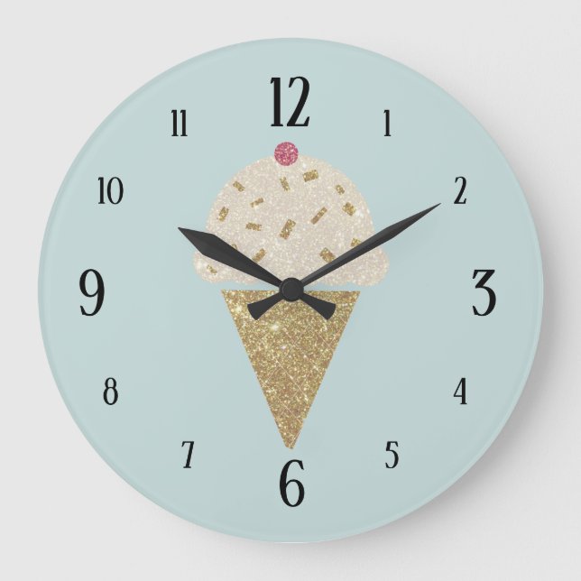 Glitter Cute Ice Cream Cone on Pale Blue Large Clock (Front)