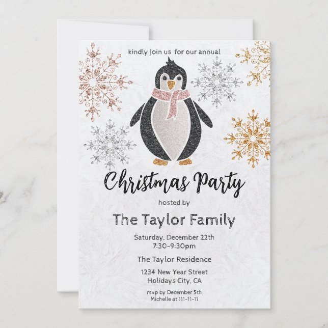 Glitter Cute Penguin Christmas Dinner Party Invita Invitation (Front)