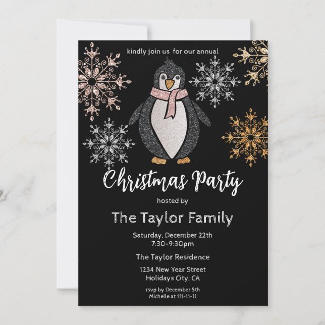Glitter Cute Penguin Christmas Dinner Party Invitation (Front)