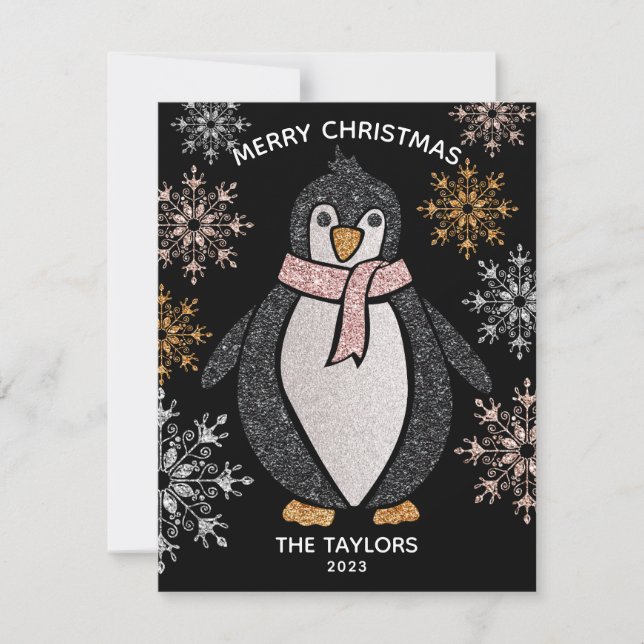 Glitter Cute Penguin Christmas Family  Card (Front)