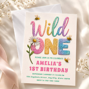 Glitter Daisy Bumble Bee 1st Birthday Party Invite