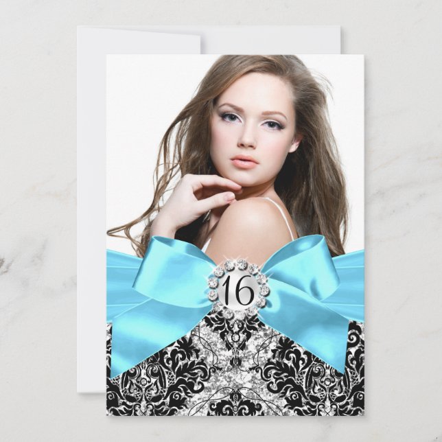 Glitter Damask & Blue Bow Sweet 16 Photo Invite (Front)