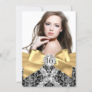 Glitter Damask & Gold Bow Sweet 16 Photo Invite