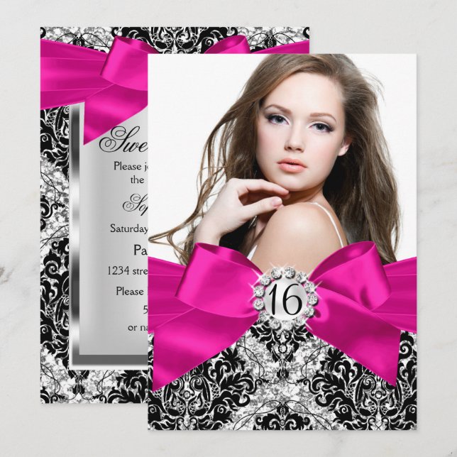 Glitter Damask Hot Pink Bow Sweet 16 Photo Invitation (Front/Back)