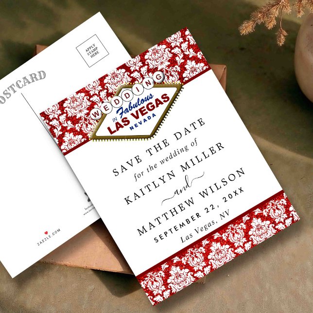 Glitter Damask Las Vegas Wedding Save The Date Announcement Postcard (Creator Uploaded)