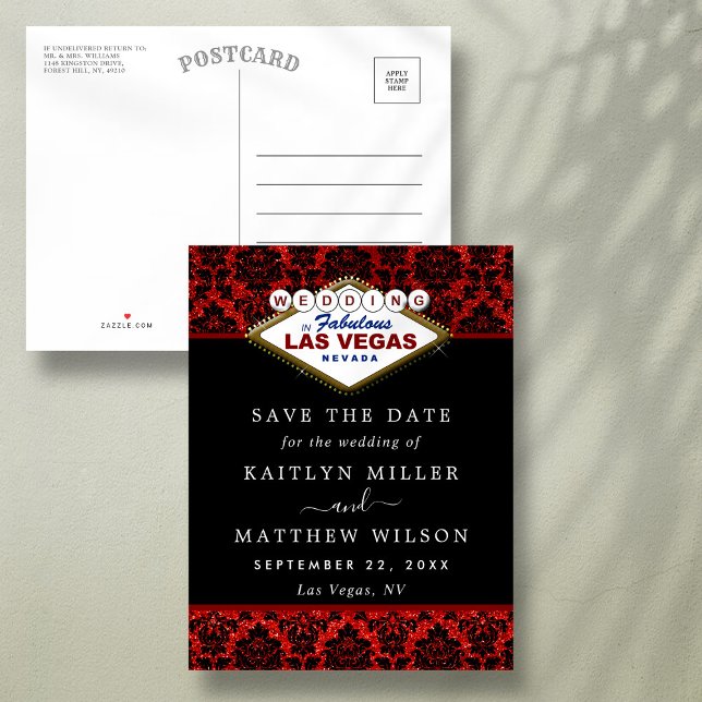 Glitter Damask Las Vegas Wedding Save The Date Announcement Postcard (Creator Uploaded)