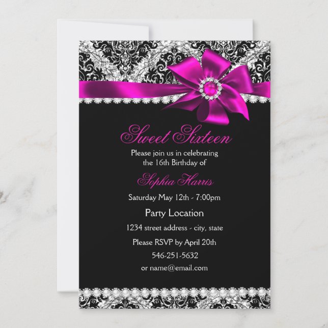 Glitter Damask & Pink Jewel Bow Sweet 16 Invite (Front)