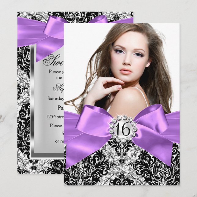 Glitter Damask & Purple Bow Sweet 16 Photo Invite (Front/Back)
