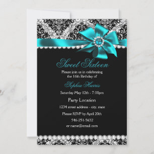Glitter Damask & Teal Jewel Bow Sweet 16 Invite