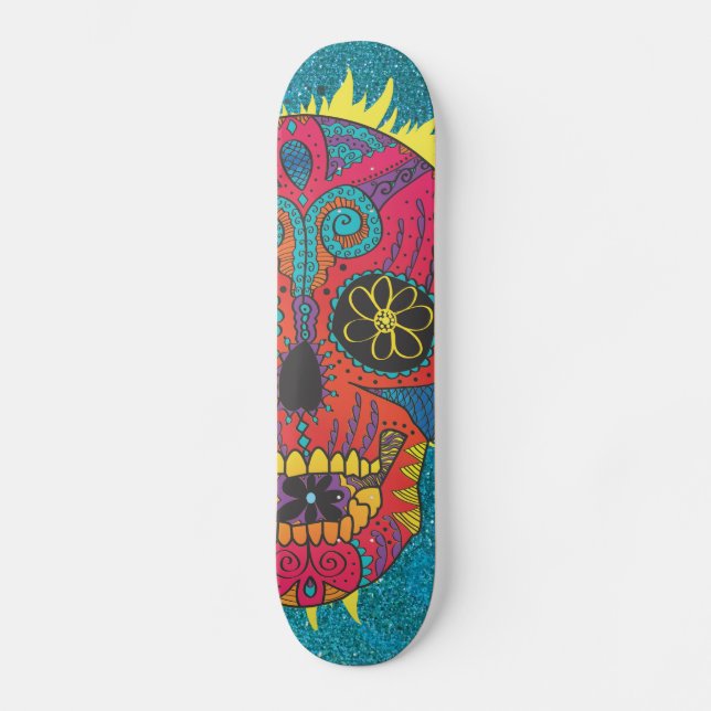 Glitter Day of The Dead Sugar Skull Tattoo Design Skateboard (Front)