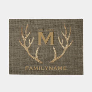Glitter Deer Antlers Rustic Burlap Family Monogram Doormat