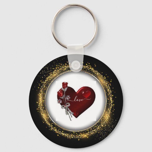 Glitter Diamond and Gold  Valentine Heart Keychain (Front)
