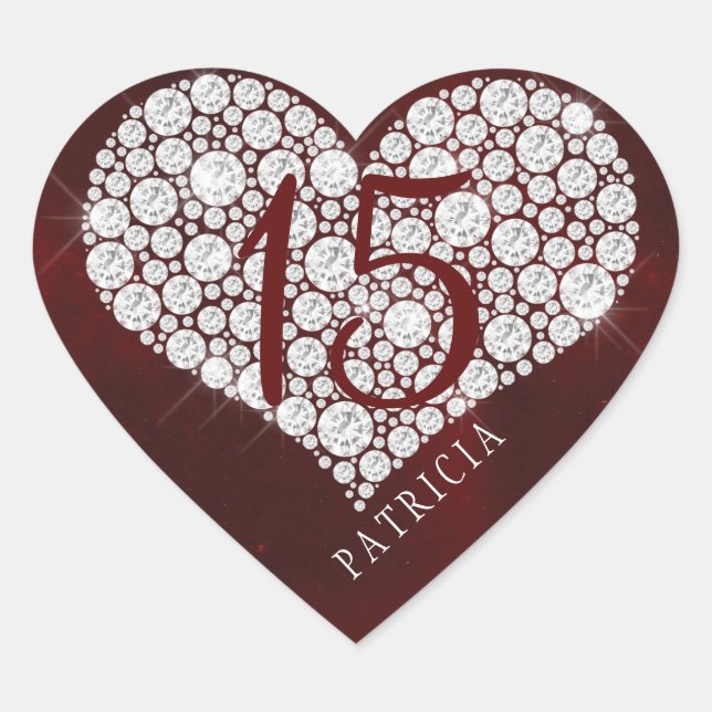 Glitter diamonds heart burgundy quinceanera heart sticker (Front)