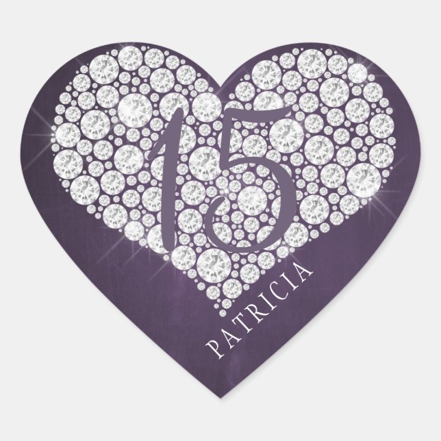 Glitter diamonds heart purple plum quinceanera heart sticker (Front)