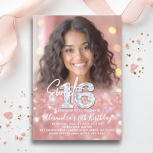 Glitter Diamonds Rose Gold Chic Photo Sweet 16 Invitation