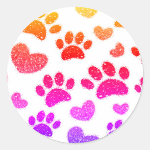 Glitter Dog Paw Prints And Hearts Classic Round Sticker