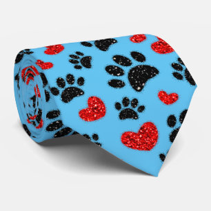 Glitter Dog Paw Prints And Red Hearts Blue Tie