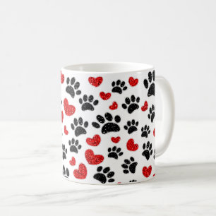 Glitter Dog Paw Prints And Red Hearts Coffee Mug