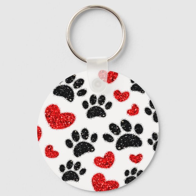 Glitter Dog Paw Prints And Red Hearts Key Ring (Front)