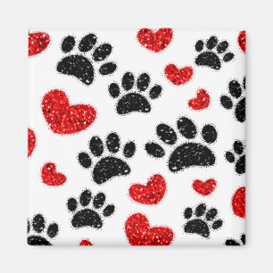 Glitter Dog Paw Prints And Red Hearts Magnet