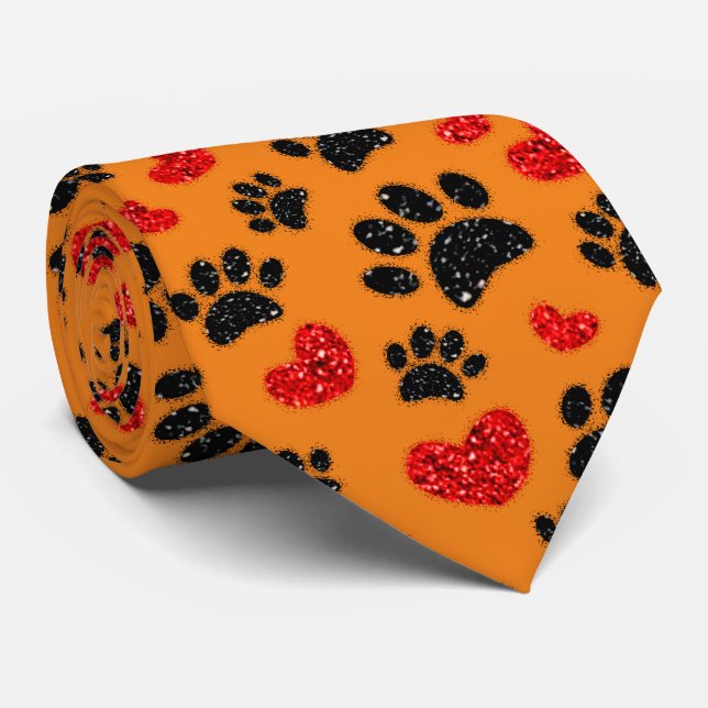 Glitter Dog Paw Prints And Red Hearts Orange Tie (Rolled)