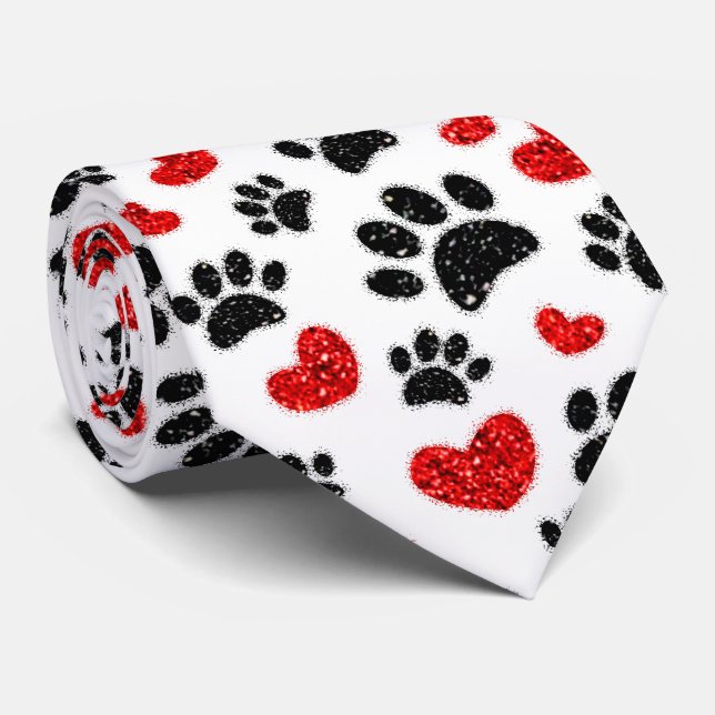 Glitter Dog Paw Prints And Red Hearts Tie (Rolled)