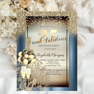 Glitter Dress,Balloons,Blue Metallic 25th Birthday Invitation