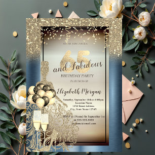 Glitter Dress,Balloons,Blue Metallic 65th Birthday Invitation