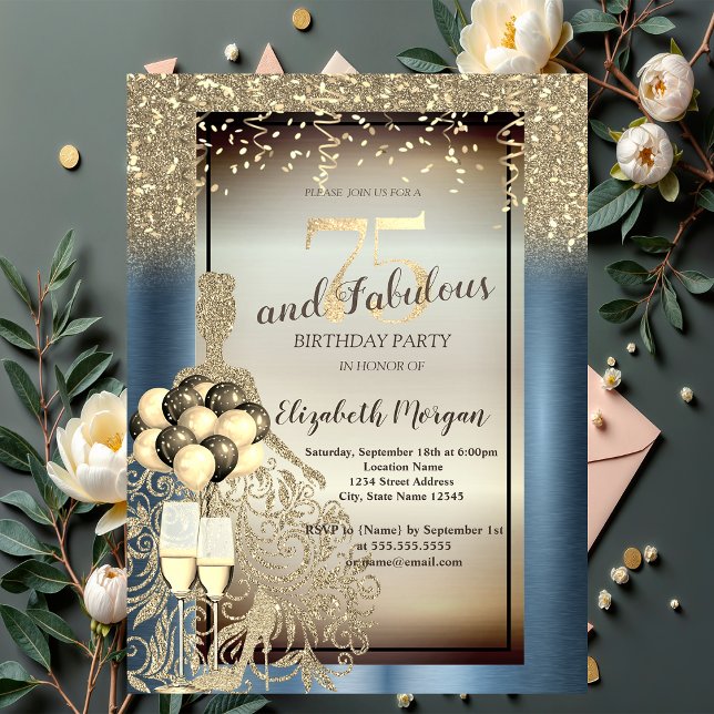 Glitter Dress,Balloons,Blue Metallic 75th Birthday Invitation (Creator Uploaded)