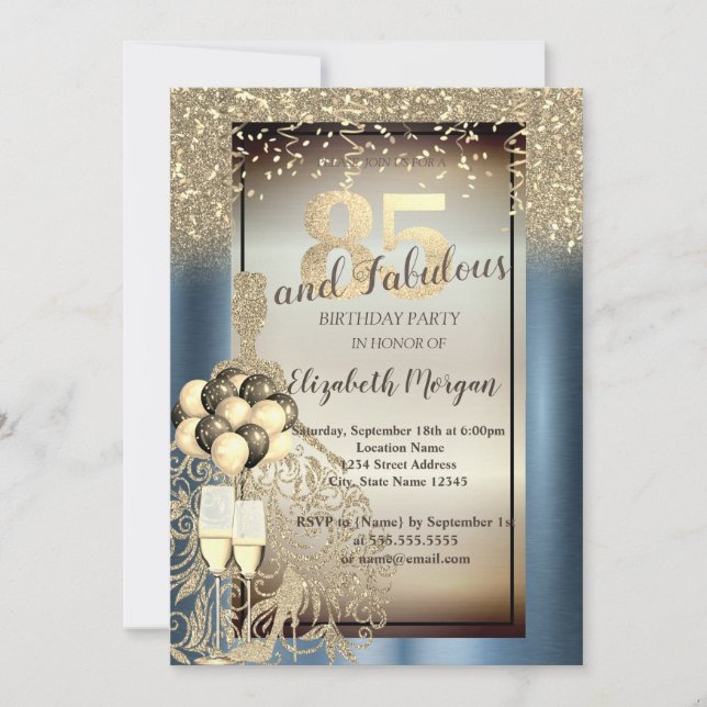 Glitter Dress,Balloons,Blue Metallic 85th Birthday Invitation (Front)