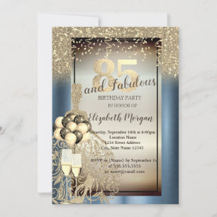 Glitter Dress,Balloons,Blue Metallic 85th Birthday Invitation